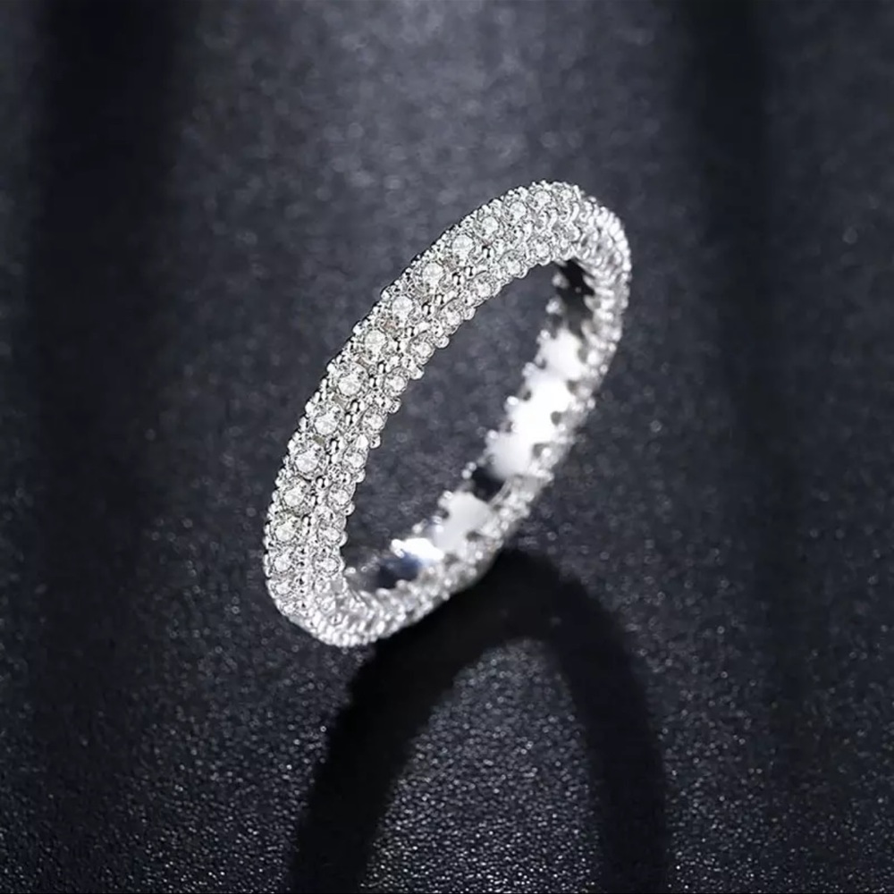 New Woman’s 18K Gold Plated Sterling Silver 3 Row White Sapphire Eternity Ring - Picture 2 of 11